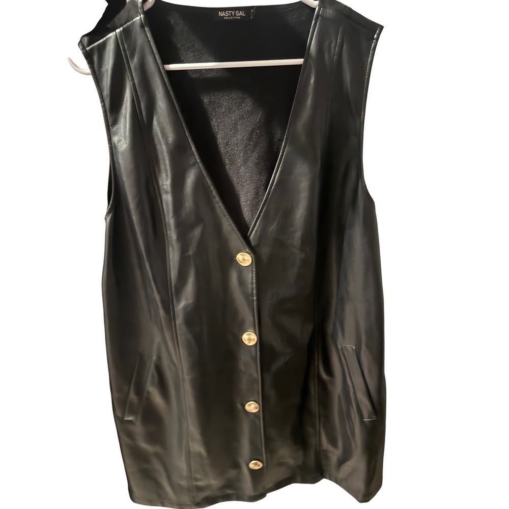 Nasty Gal Collection Faux Leather Longline Vest Black Gold Button US 14 XL